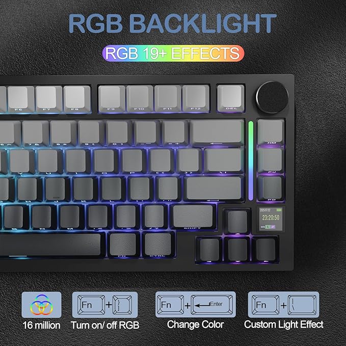ATTACK SHARK X820 Ultra 75% Wireless Gaming Mechanical Keyboard Hot-Swappable Gasket Mount RGB Backlit BT/2.4G/Wired Custom Keyboard with Smart TFT Display&Knob QMK Driver-Moonlit Night&Shark Switch