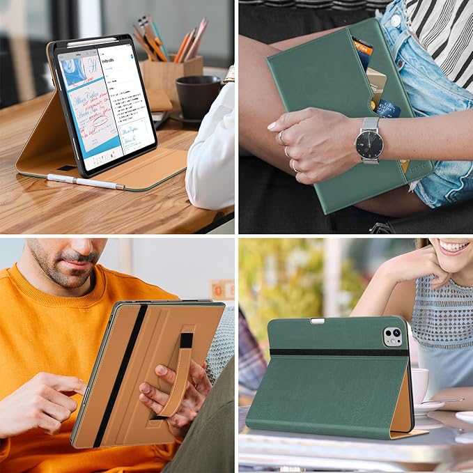 DTTO for iPad Pro 13 inch Case (M5/M4) 2025/2024, Premium Leather Business Folio Stand Cover with Pencil Holder-Auto Wake/Sleep & Multiple Viewing Angles, Built in Hand Strap & Pocket, Midnight Green