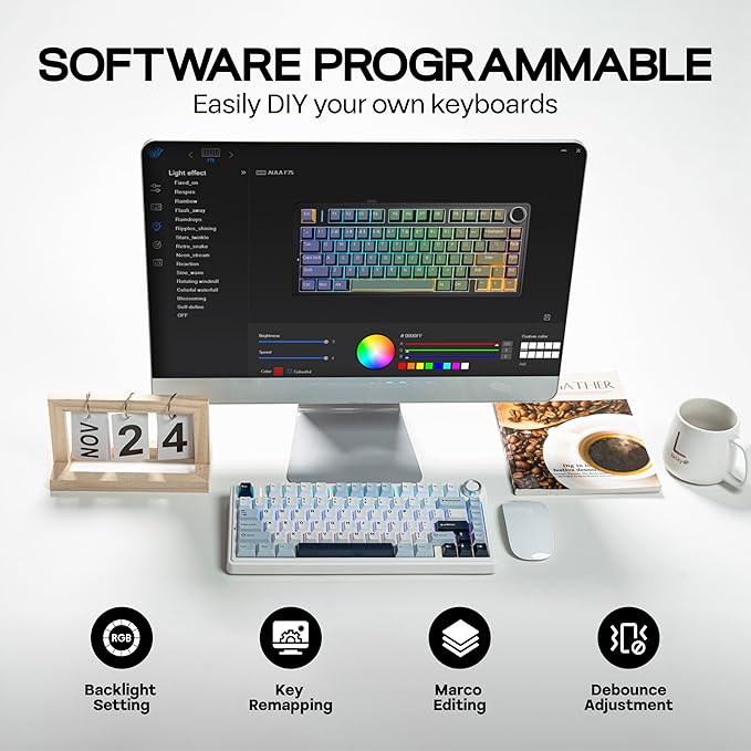 MechLands Aula F75 PRO 75% Wireless Gaming Keyboard, Gasket Mechanical Custom Keyboard with Five-Layer Padding, BT/2.4GHz/USB-C, Hot Swappable, Knob, RGB, Reaper Switches (White Blue)