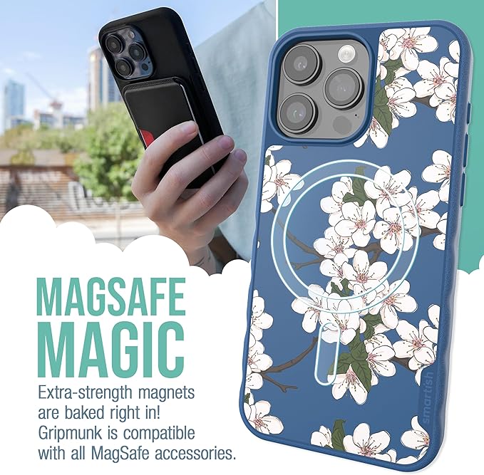 Smartish® iPhone 15 Pro Max Magnetic Case - Gripmunk Compatible with MagSafe [Lightweight + Protective] Slim/Thin Grip Cover with Microfiber Lining for Apple iPhone 15 Pro Max - Very Cherry Blossom
