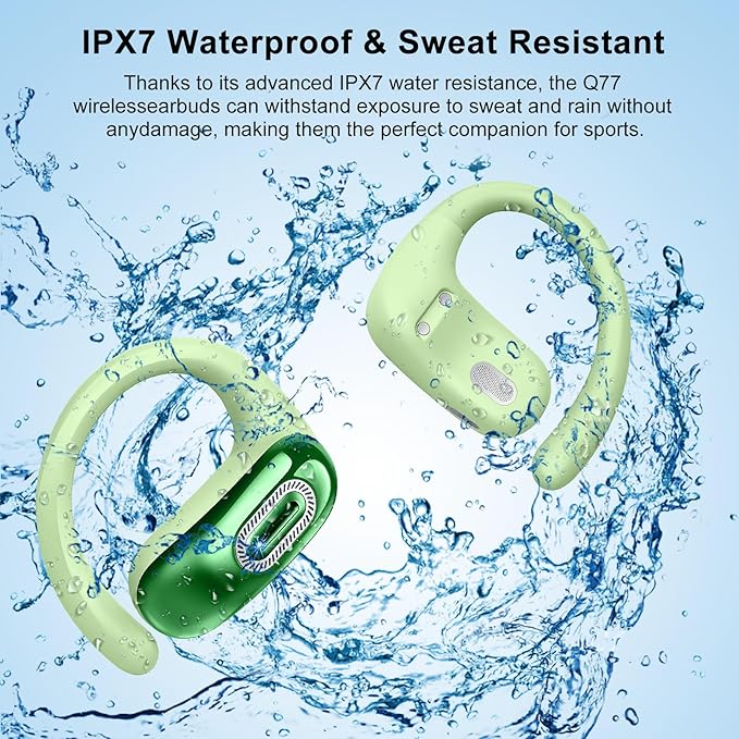Open Ear Headphones, Bluetooth 5.4 Earbuds, 50H, Air Conduction Ear buds, HD Stereo Bass Over Ear Earphones with Earhooks, Ultra-Comfort Secure Fit, IPX7 Waterproof Headset for Working Sports, Green