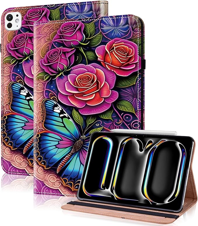Case for iPad Pro 13 inch (M5/M4) 2025/2024, Premium Leather Folio Stand Protectors Cover with Auto Wake/Sleep, Pencil Holder, Hand Strap and Card Slots - Colorful Butterfly
