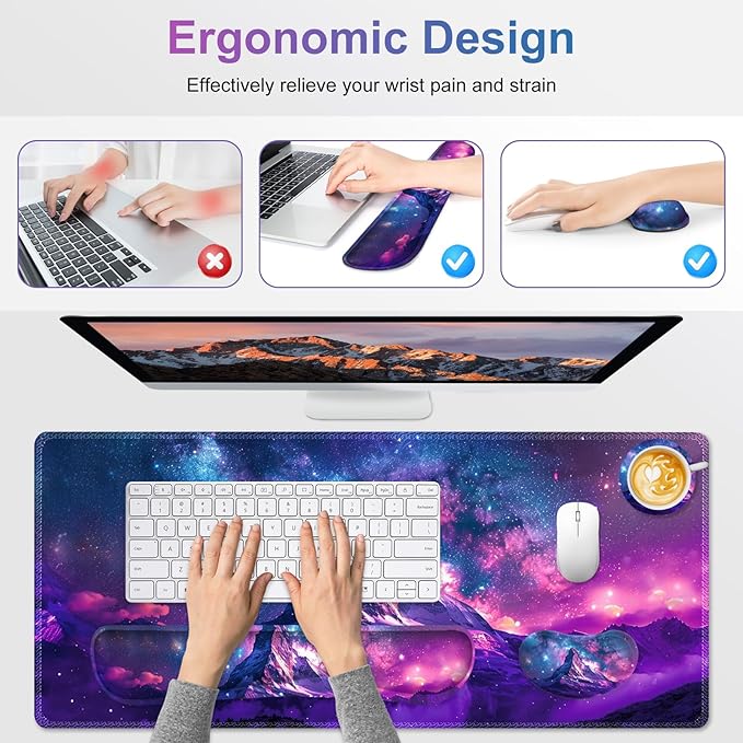 Large Gaming Mouse Pad Set, Purple 4 in1 Ergonomics Keyboard Desk Mat with Memory Foam Wrist Rest, Extended Game Mousepad, Non-Slip Desk Pad Matt Easy Typing Pain Relief I Galaxy Mountain