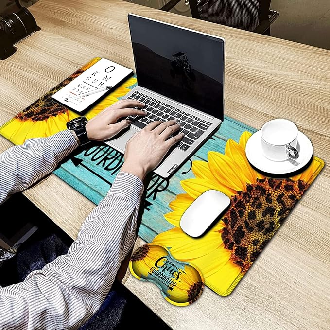 Large Gaming Mouse Pad, 31.5x11.8in Extended Computer Mouse Mat with Non-Slip PU Base,Ergonomic Memory Foam Keyboard Wrist Rest,for Work Gaming,Sunflower Chaos Coordinator Blue Office Desk Pad