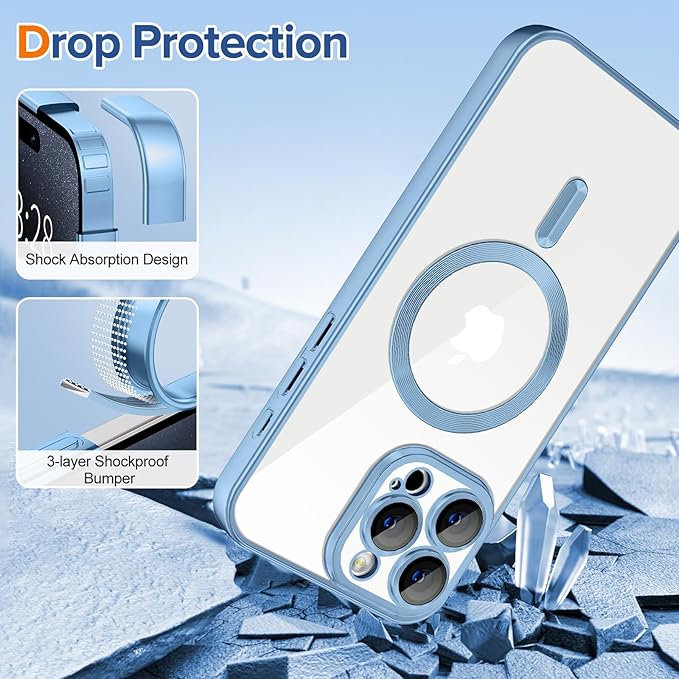 Hython Magnetic Clear for iPhone 15 Pro Case with Camera Lens Protector [Compatible with MagSafe] Luxury Plating Edge Slim Soft TPU Cover Protective Phone Case for iPhone 15 Pro, Matte Light Blue