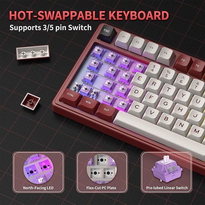 RK ROYAL KLUDGE R75 Mechanical Keyboard Wired with Volume Knob, 75% Keyboard Gasket Mounted, RGB Backlit, Creamy Keyboard with MDA Profile, PBT Keycaps, Hot Swappable Pre-lubed Linear Switch
