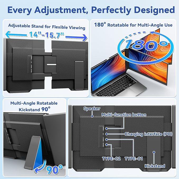domyfan 15.6" Laptop Screen Extender, Triple Portable Monitor with Ultra-Thin FHD 1080P IPS Display for 13-17" Laptop, Plug & Play via HDMI/USB-A/Type-C, Compatible with Mac/Windows/Android