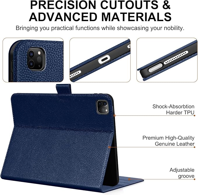Genuine Leather Case for iPad Pro 11 Inch 4th/3rd/2nd/1st Generation 2022/2021/2020/2018 | with Pencil Holder and Adjustable Stand, Magnetic Closure, Auto Wake/Sleep Cover | Blue
