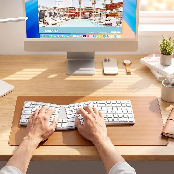 MEETION Wireless Ergonomic Keyboard, S-Curve Design Split Keyboard, 2.4G USB-A & Dual Bluetooth Keyboards, Slim Low-Profile Keys, Type-C Rechargeable, Full-Size Layout for Windows/Mac/PC/Laptop, White