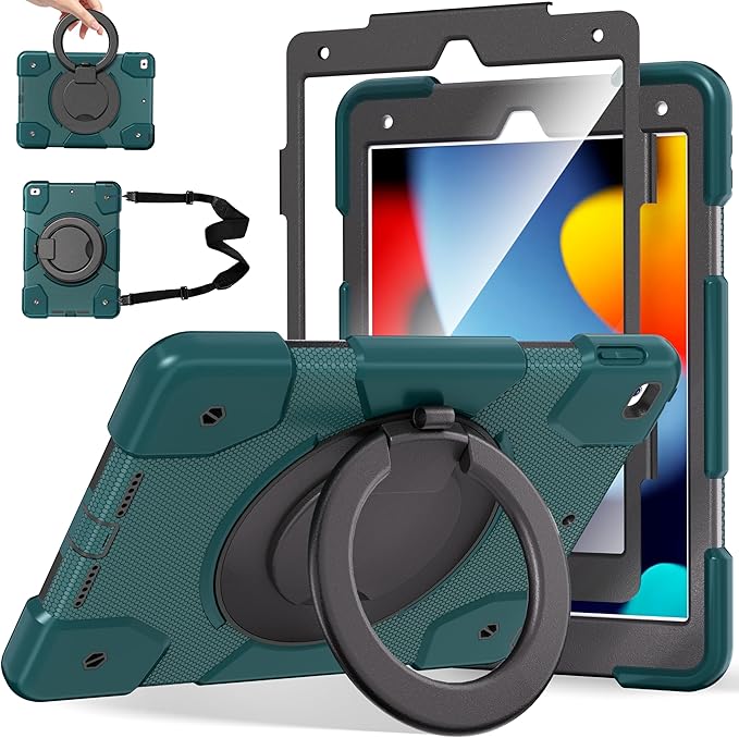 Andnary Case for iPad 9th/8th/7th Generation 10.2 inch, Shockproof Cover with Screen Protector/360° Rotate Stand/Pencil Holder/Shoulder Strap, Kids Case for iPad 2021/2020/2019 (Dark Green+Black)