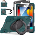 Andnary Case for iPad 9th/8th/7th Generation 10.2 inch, Shockproof Cover with Screen Protector/360° Rotate Stand/Pencil Holder/Shoulder Strap, Kids Case for iPad 2021/2020/2019 (Dark Green+Black)