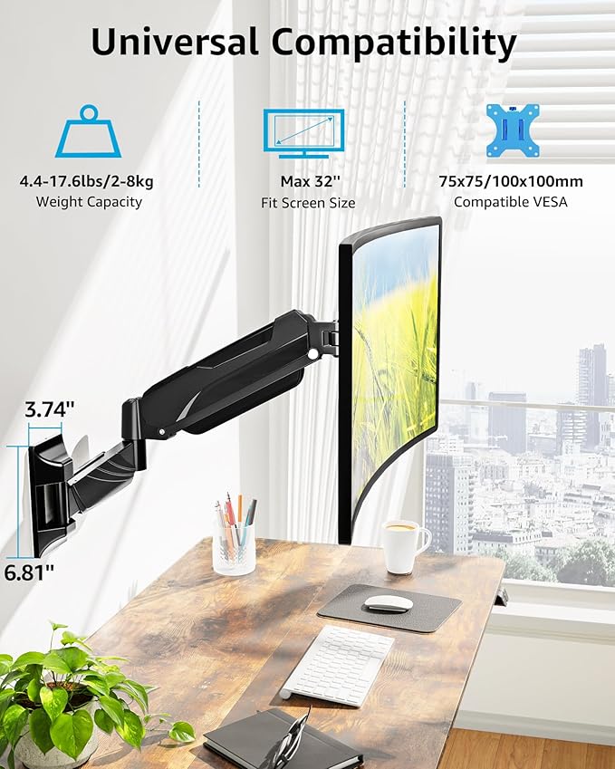 MOUNTUP Monitor Wall Mount for 17-32 Inch Computer Screen, Wall Mounted Arm Support 4.4-17.6lbs Display, Computer Monitor Arm, VESA Bracket for VESA 75x75mm and 100x100mm, Black