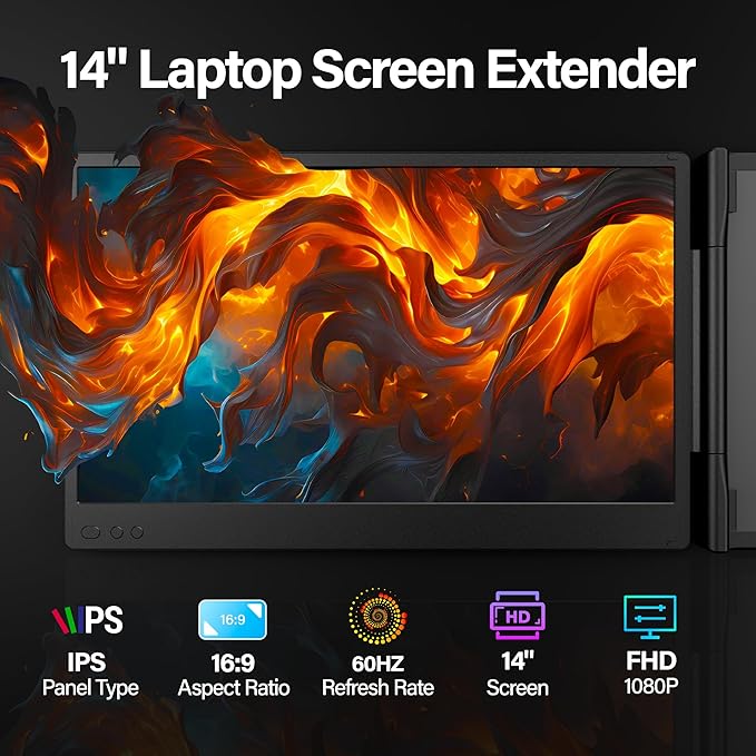 Setclod Upgraded Laptop Screen Extender Monitor Portable, 14.1" 1080P FHD IPS Screen, Monitor Extender for Laptop, Fit for 13-17", Plug & Play Compatiable with Windows/Mac/Chrome/Android