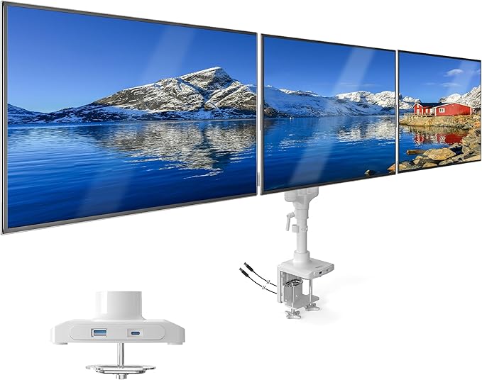 Mount-It! Triple Monitor Mount, 3 Monitor Desk Mount, Gas Spring Arms, Fits 13–27" Screens, VESA 75 & 100, Clamp or Grommet, USB-A & USB-C, White