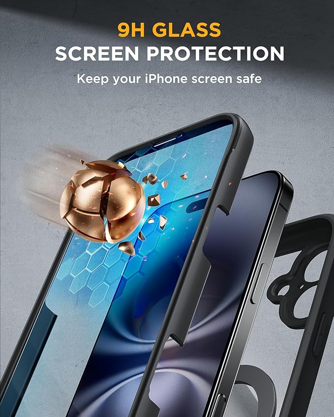 Miracase for iPhone 16 Case with 360° Magnetic Ring Stand [Compatible with Magsafe] Full-Body Drop Proof Bumper Phone Case with Built-in 9H Tempered Glass Screen Protector,Black