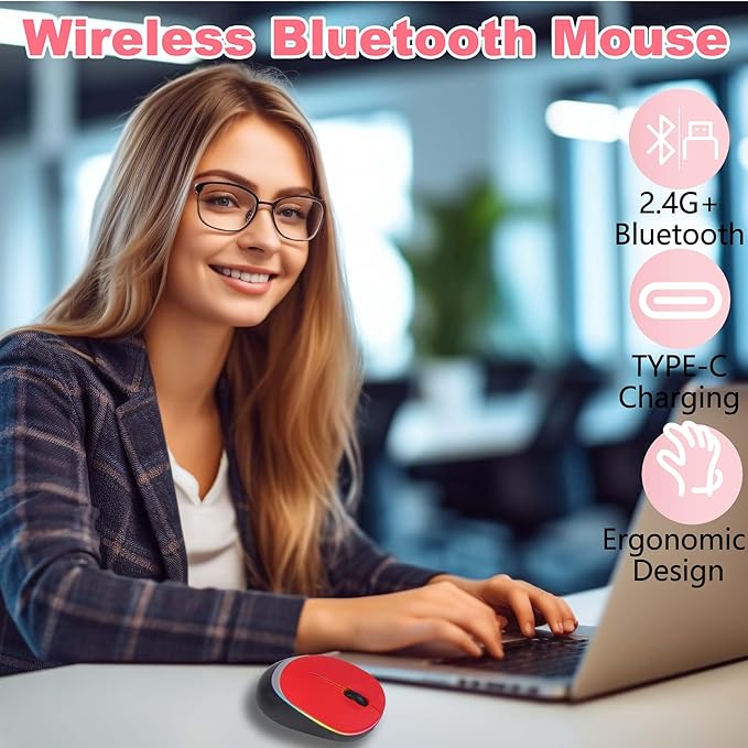 Wireless Bluetooth Mouse, Ergonomic Dual-Mode Rechargeable Silent Portable Mouse with RGB Gradient Breathing Light, for PC Laptop Tablet Computer, Office School Home Adult Student Kids Gift(Red)