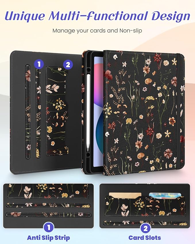 Kidcube for Samsung Galaxy Tab S6 Lite Case 10.4 Inch 2024/2022/2020 - Women Girls Cute Rotating Stand Folio Cover with Pencil Holder & Card Slot Flowers Floral Unique Design Cases for Tab S6 Lite