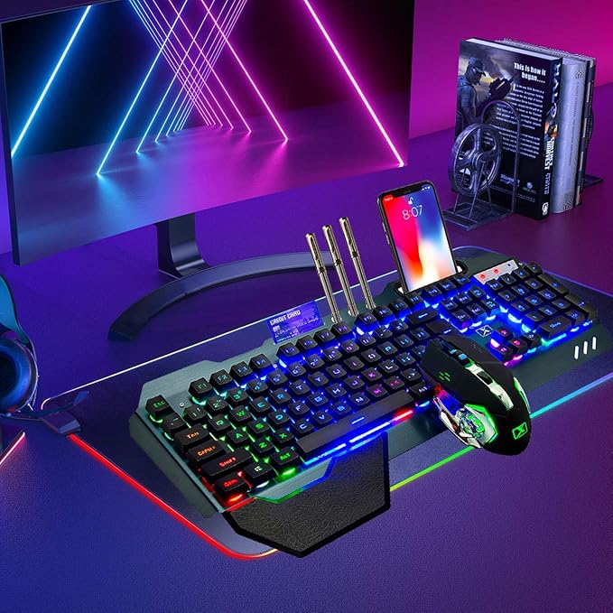 Wireless Gaming Keyboard and Mouse,Rainbow Backlit Rechargeable Keyboard Mouse with 3800mAh Battery Metal Panel,Removable Hand Rest Mechanical Feel Keyboard and 7 Color Gaming Mute Mice for PC Gamers