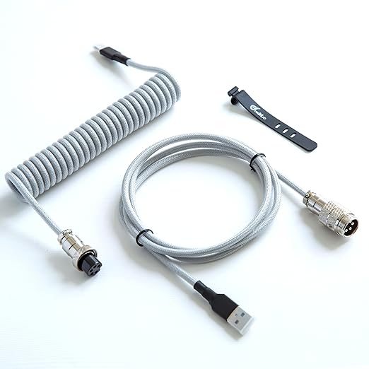 GUNMJO Pro Custom Premium Coiled USB C Cable for Gaming Keyboard, Double-Sleeved Mechanical Keyboard Cable with Detachable Metal Aviator, 1.5M USB-C to USB-A, Marble Gray Color