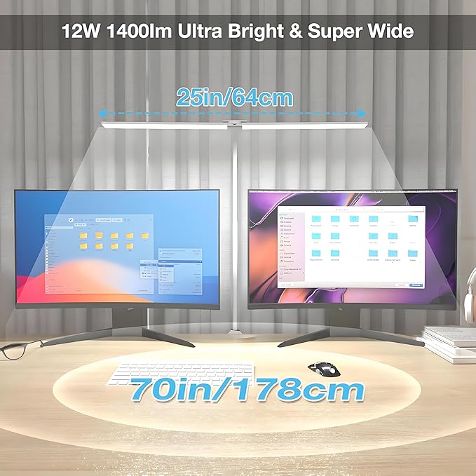 Hensam LED Desk Lamp with Clamp, Double Head Desk Light for Home Office, Dimmable Desktop Light, 12W 1400lm Eye-Caring Architect Table Lamp for Workbench Monitor Computer Reading Study, White
