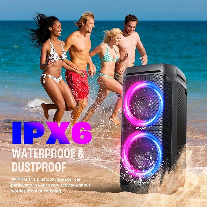 W-KING Portable Bluetooth Speaker 240W, Loud Boom Box with Deep Bass Subwoofers, IPX6 Waterproof Party Outdoor Speaker, Speakers Bluetooth Wireless, RGB Lights, 24H, Mic&Guitar Input, Echo, EQ, AUX