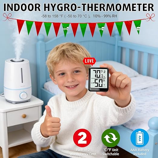 2-Pack Room Thermometer Indoor Hygrometer for Home, Temperature Humidity Meter, Humidity Gauge, Digital Room Temperature Monitor Sensor for Baby Nursery Car Plant - AAA Battery Included
