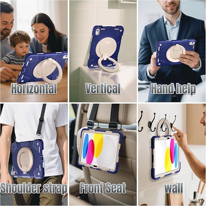 Andnary Case for iPad (A16) 11th /10th Generation 11/10.9 Inch 2025/2022 with Screen Protector/360° Rotate Stand/Shoulder Strap/Pencil Holder, Shockproof iPad 11th/10th Gen Cover (Navy+White)