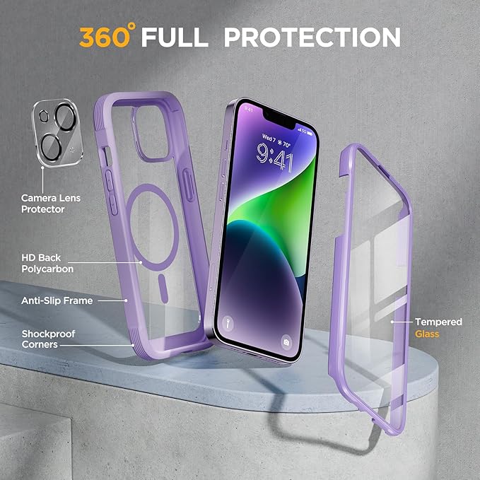 Miracase Glass Series Designed for iPhone 14 Plus Case 6.7 inch, 2023 Upgrade Full-Body Magnetic Clear Case with Built-in 9H Tempered Glass Screen Protector,Compatible with MagSafe,Purple