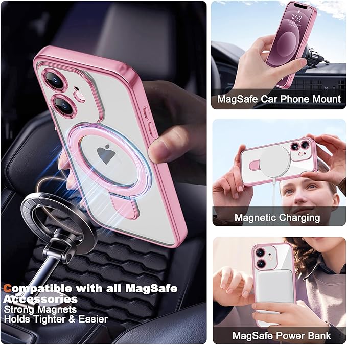 Compatible with iPhone 12 Case with Invisible Magnetic Ring Stand [Compatible with Mag-Safe] [Full Camera Lens Protector] Plating Clear Phone Case for iPhone 12 6.1", Pink