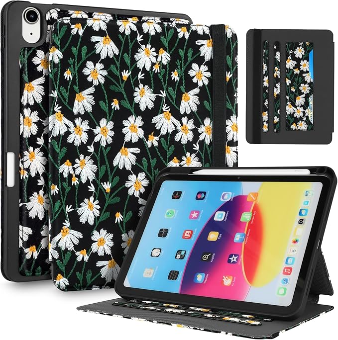 Uppuppy for iPad 10th Generation Case, for iPad (A16) 11th Generation Case - for Women Girls Cute Embroidered Folio Stand Cover with Pencil Holder & Card Slot Girly Daisy Floral Kawaii Aesthetic Cases
