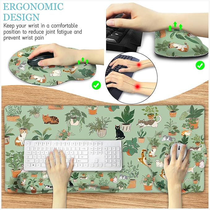 LIMKRIAN Cat Mouse Pad XXL Desk Mat Set, Green Ergonomic Mouse Pad with Wrist Rest, Large Gaming Mousepad Wrist Support Keyboard Mat Cup Coaster Set Cute Office Desk Decor Accessories