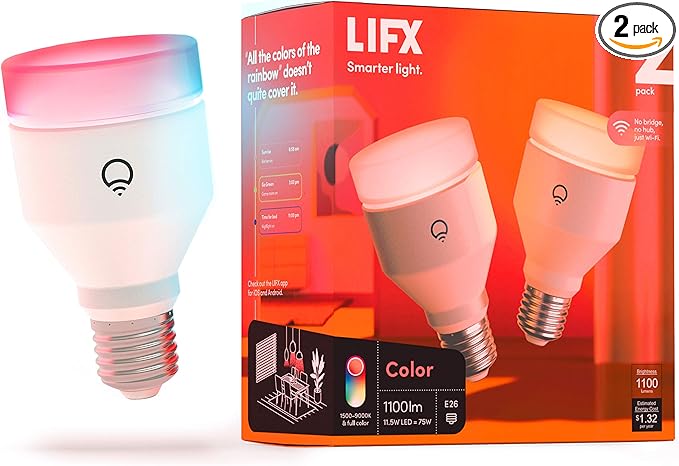 LIFX Smart Light Bulbs A19 E26 (2 Pack), Color Changing RGB + Warm White 1100 Lumens Tunable LED, 11W, Matter Compatible, Apple HomeKit, Alexa & Google Home, Dimmable