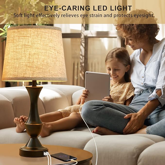 Luvkczc Upgraded Touch Table Lamps Set of 2, 22" Tall Bedside Lamps with USB C+A Ports, Dimmable Nightstand Lamps for Bedroom, Living Room, Office, Black Lamp with Beige Lampshade, Bulb Included