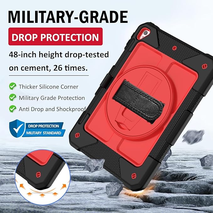 BMOUO Case for iPad 6th/5th Generation Case (9.7 inch, 2018/2017), 360°Rotating Stand, Hand/Shoulder Strap Shockproof iPad 9.7” Case for iPad Air 2, Black and Red