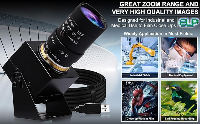 ELP 4K USB Camera with Microphone 5-50mm Varifocal Lens Manual Zoom Webcam 8MP IMX317 Sensor 3840x2160@30fps UVC for Windows, Linux, Mac, Raspberry Pi, etc.