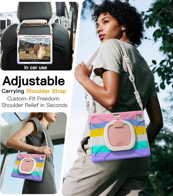 BRAECN for iPad Air 13 Inch Case M4 2026/M3 2025/M2 2024 & iPad Pro 12.9 Case (6th/5th4th/3rd Gen), Heavy Duty Silicone Cover with 360° Swivel Kickstand, Shoulder Strap, Pencil Holder, Colorful Pink