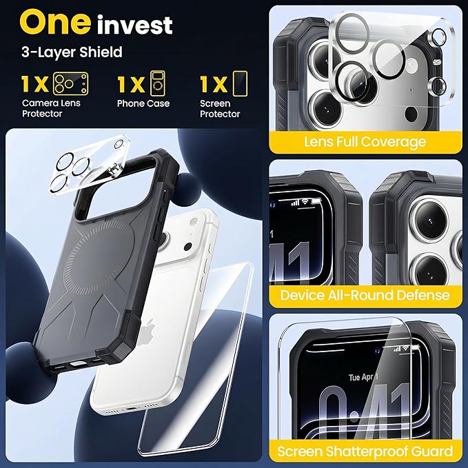 3 in 1 for iPhone 17 Pro Max Case, [1 Screen Protector & 1 Camera Lens Protector], 7X Military-Grade Drop Protection, Fits MagSafe, Tough, Rugged & Durable Heavy Duty, Black