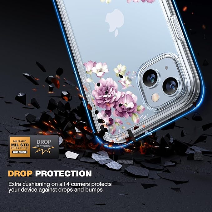Diaclara Designed for iPhone 15 Plus Phone Case,Full Body Rugged Case with Built-in Screen Protector+9H Tempered Glass Camera Lens Protector (Clear Flower)