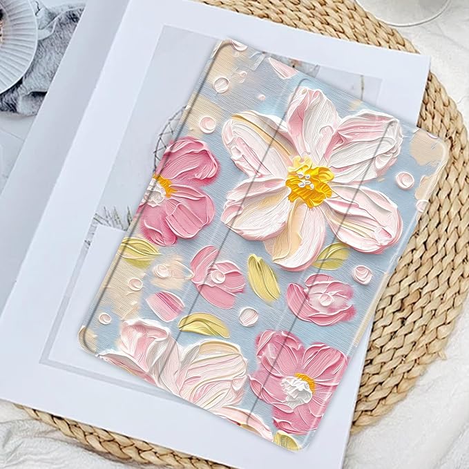 JOYLAND Texture Painting Flower Baby Blue Case for 10.5" iPad Pro(2017)/iPad Air 3, Clear Acrylic Hard Back Case with Pencil Holder Trifold Stand Tablet Cover (Model Number:A1701 A1709 A1852)