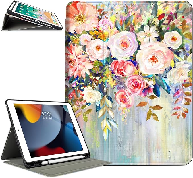 for iPad Air 2/1 Case 2014/2013, for iPad 5Th/6Th Generation Case 2017/2018, Slim fit iPad Cases 5th/6Th Generation 9.7-inch, 4 Viewing Angles/Typing Stand/Pencil Holder, Oil Painting Flowers