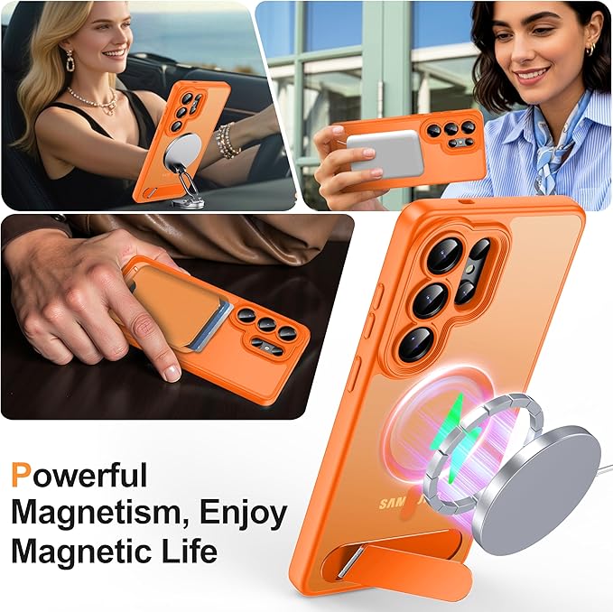 Magnetic for Samsung Galaxy S26 Ultra Case, [Compatible with MagSafe][Full Camera Protection][Built-in Invisible Kickstand] Translucent Matte Phone Case for S26 Ultra 6.9" - Orange