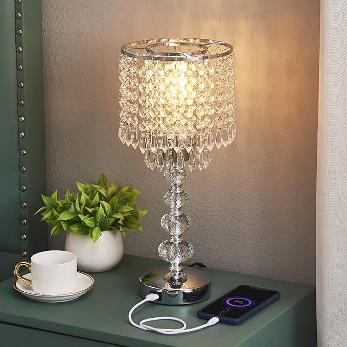 Crystal Table Lamps for Bedroom Nightstand - Touch Bedside Lamps with Two USB Charging Ports Silver, 3 Way Dimmable Small Glam Lamp for Girls, Night Stand Lamp for Living Room