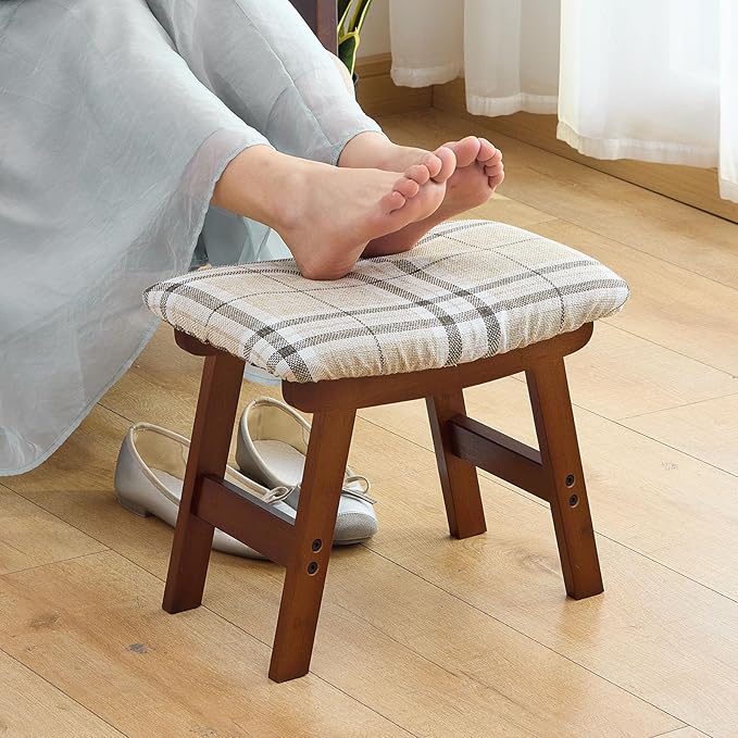 Foot Stool,Under Desk Foot Rest Ottoman, Washable Stool for Office, Living Room, Bedroom (Brown Legs-Stripes Stool Seat)