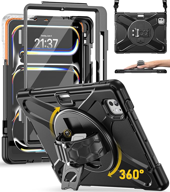 BRAECN Case for iPad Pro 11 inch M5 2025 & M4 2024, 4 Layers Heavy Duty Full-Body Protection Screen Protector Pencil Holder, 360° Rotating Handle Kickstand, Shoulder Strap Kids Friendly
