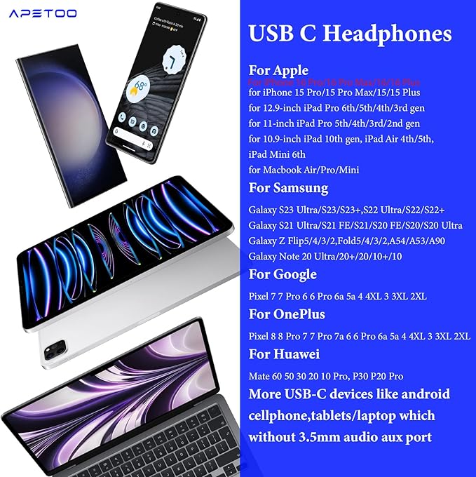 APETOO USB C Headphones for iPhone 17 16 15 Plus/iPad 10th, HiFi Stereo USB-C Wired Earbuds Type C Earphones with Microphone Volume Control for Samsung S26/S25/S24 Ultra/S23/S22/S21/S20/A17/Pixel 9 8