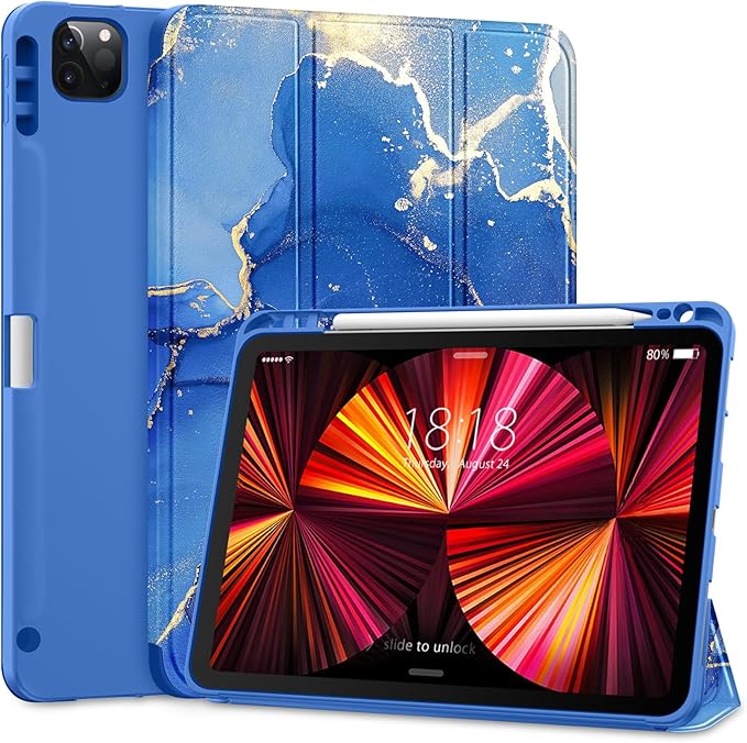 DTTO for iPad Pro 11 inch 4th/3rd/2nd/1st Generation 2022/2021/2020/2018 Case, Smart Slim Trifold Stand Soft TPU Back Cover with Built-in Pencil Holder, Also Fit iPad Air 5/4,Ocean Marble