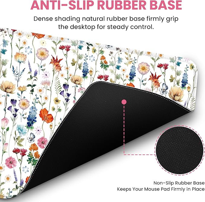 Large Mouse Pad for Desktop, Cute Desk Mat Pad Protector for Work & Gaming, Aesthetic Pretty Anti-Slip Laptop Blotter Cover for Office School Home Supplies, Wildflowers, 35.4" x 15.7"