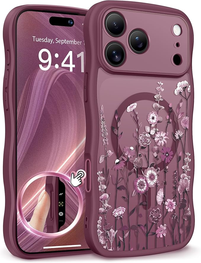 GVIEWIN for iPhone 17 Pro Case Compatible with MagSafe [Curly Wave Edge][Full Camera Protection] Floral Translucent Shockproof Magnetic Women Phone Case for iPhone 17 Pro 6.3'', Floratopia/Burgundy