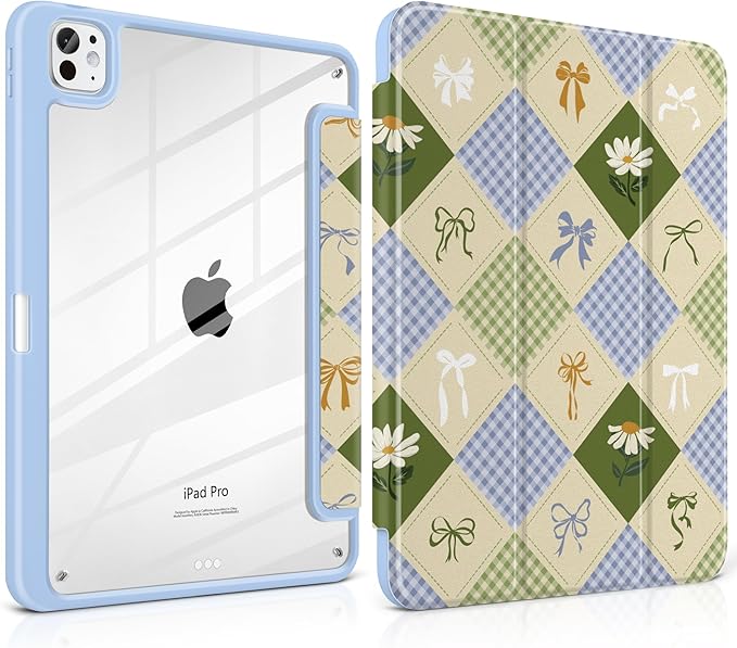 TWOLSKOO Case for iPad Pro 11-inch (M5 2025 / M4 2024), Clear Acrylic Back with TPU Bumper, Pencil Holder, Trifold Stand, Auto Sleep/Wake, Patchwork Bows