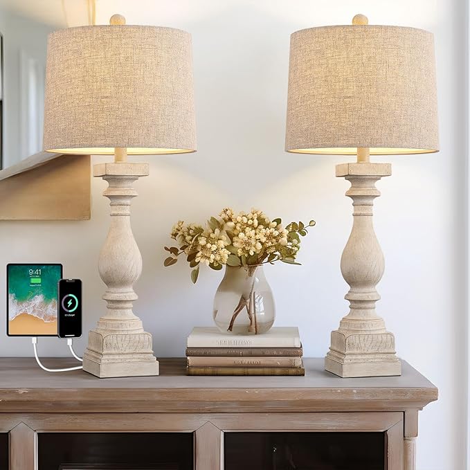 BOBOMOMO 27" Table Lamp with USB C+A Charging Ports Set of 2 Antique Nightstand Lamp for Bedroom Living Room Farmhouse Office Retro Rustic Resin Bedside Desk Lamps Washed White (Blubs not Included)